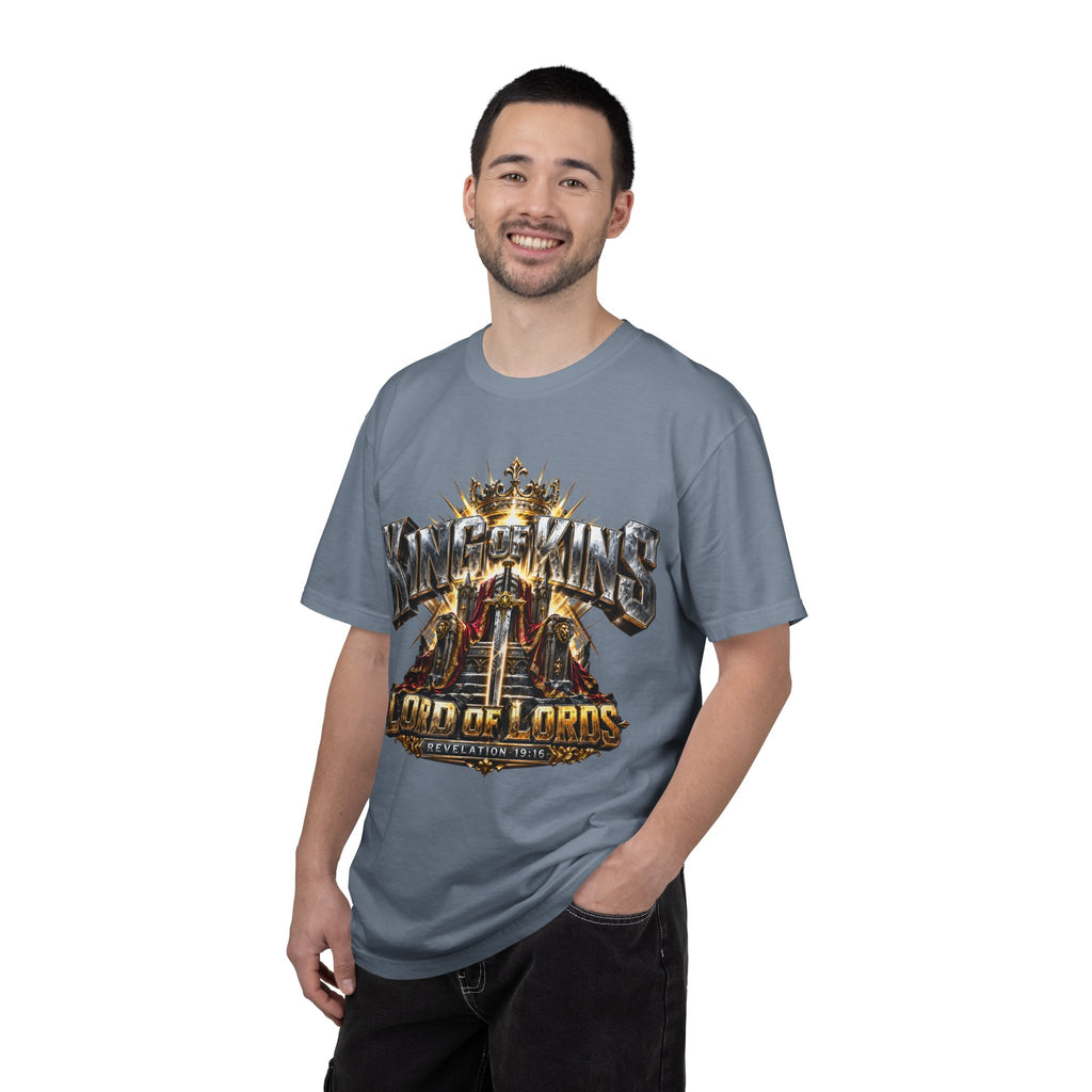 “King of Kings Lord of Lords” Christian T-shirt with crown imagery and ; quietly assured style.