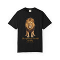 Black T-shirt featuring “The righteous are bold as lions”, lion artwork and vintage lettering; resilient faith.