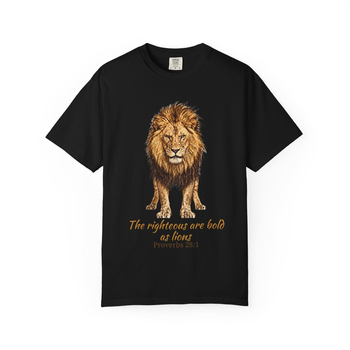 Black T-shirt featuring “The righteous are bold as lions”, lion artwork and vintage lettering; resilient faith.