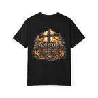 T-shirt featuring “It Is Finished Cross Flames”, cross imagery and  and forged-style lettering; enduring hope.