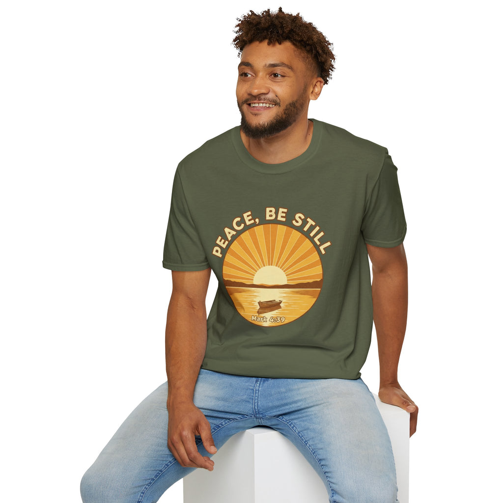 T-shirt featuring “Peace, Be Still”, sunrise detail and coffee detail and vintage lettering; reflective strength.