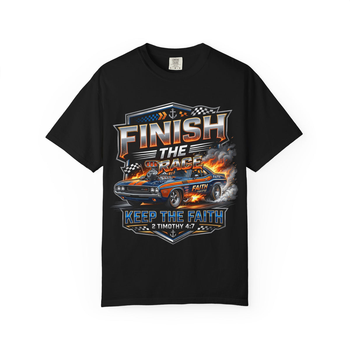 Black T-shirt featuring “Finish the Race Keep the Faith”,  and vintage lettering; hopeful spirit.