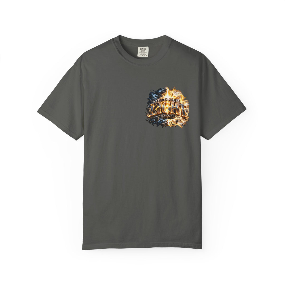 T-shirt featuring “Let There Be Light graphigraphic", Genesis scripture and bold lettering, front and back design Genesis scripture and bold lettering; steadfast faith.