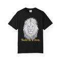 Black T-shirt featuring “Lion Sketch”, lion artwork and coffee detail and vintage lettering; uplifting confidence.