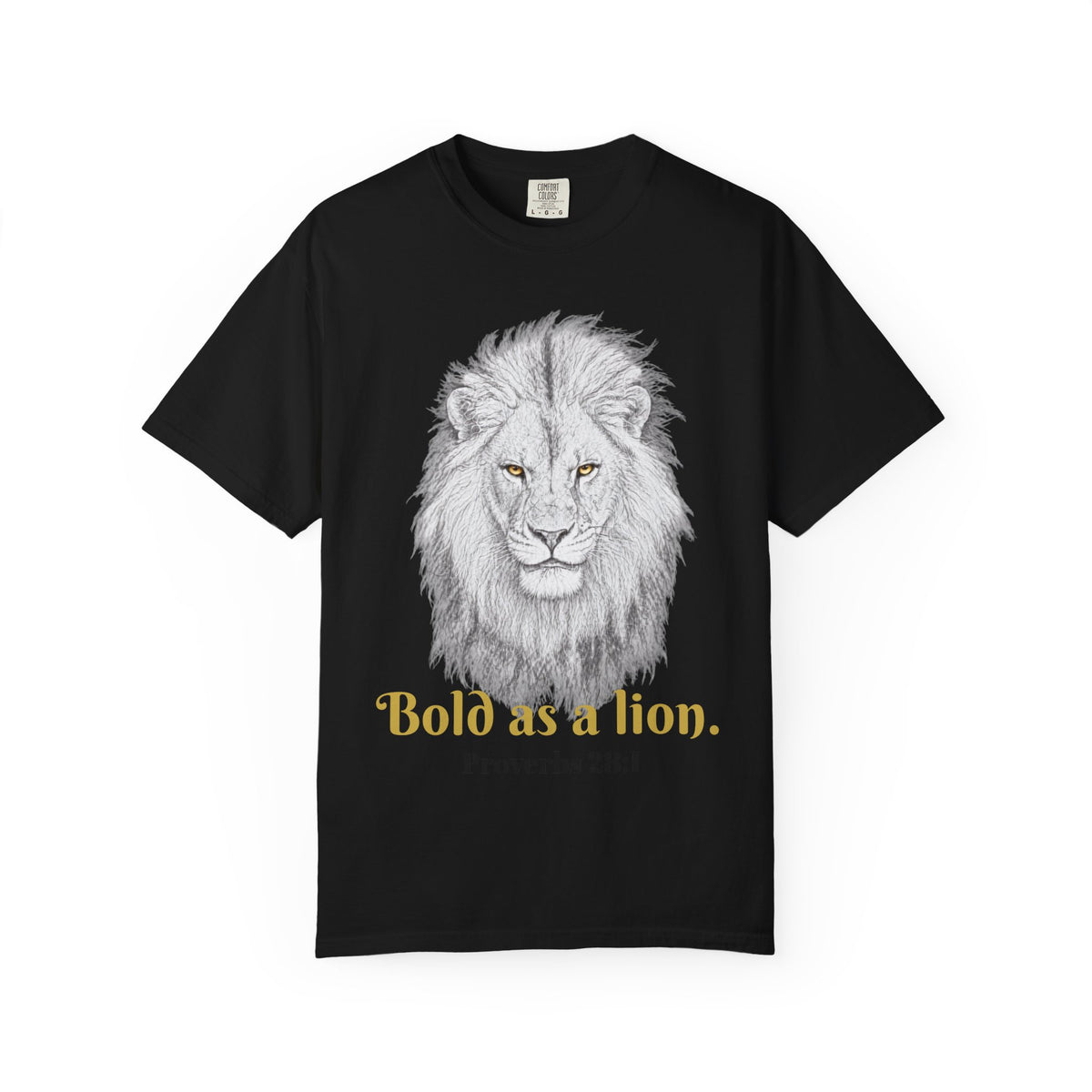 Black T-shirt featuring “Lion Sketch”, lion artwork and coffee detail and vintage lettering; uplifting confidence.