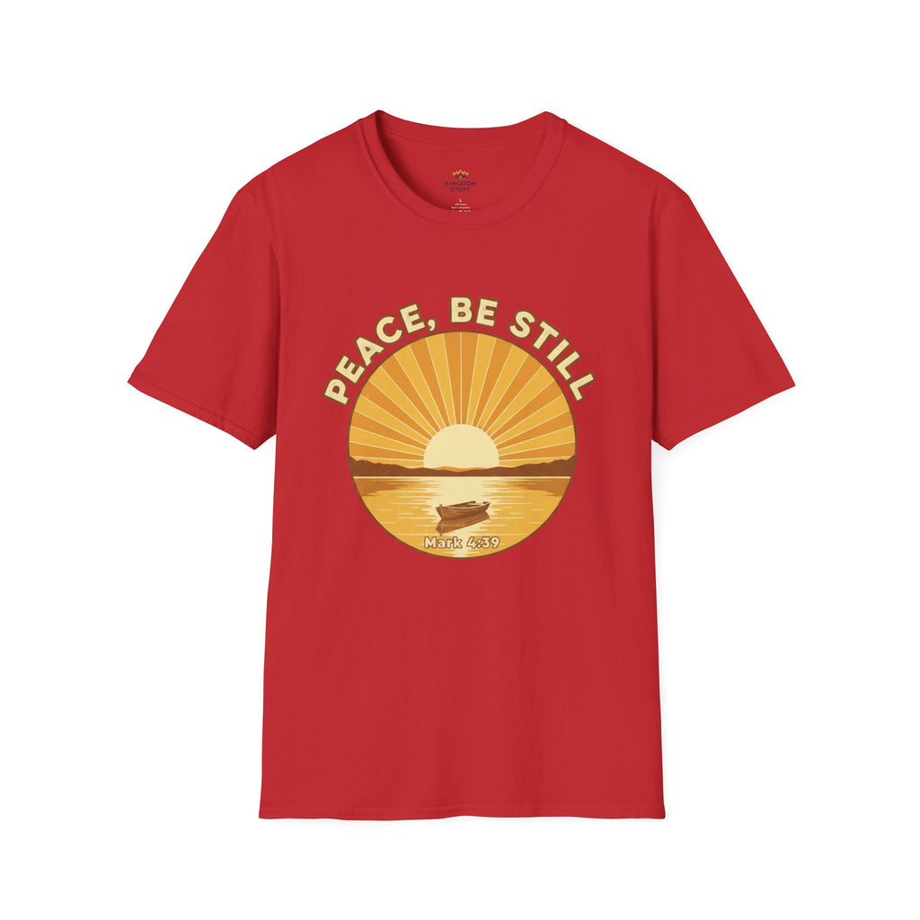 T-shirt featuring “Peace, Be Still”, sunrise detail and coffee detail and vintage lettering; grounded confidence.