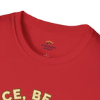 T-shirt featuring “Peace, Be Still”, sunrise detail and coffee detail and vintage lettering; quiet strength.