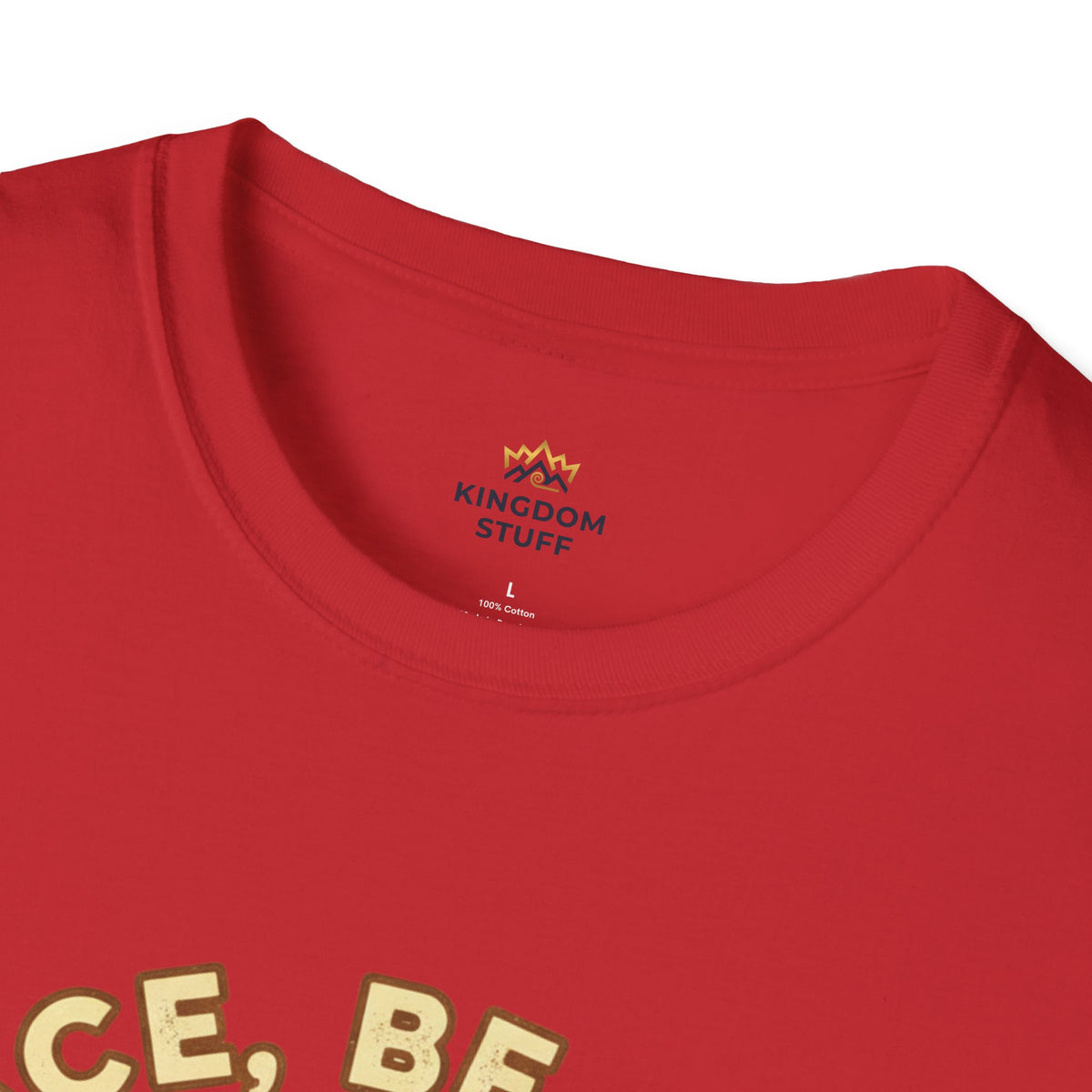 T-shirt featuring “Peace, Be Still”, sunrise detail and coffee detail and vintage lettering; quiet strength.