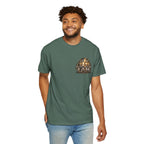T-shirt featuring “Before Abraham I Am”,  and forged-style lettering; adventurous spirit.