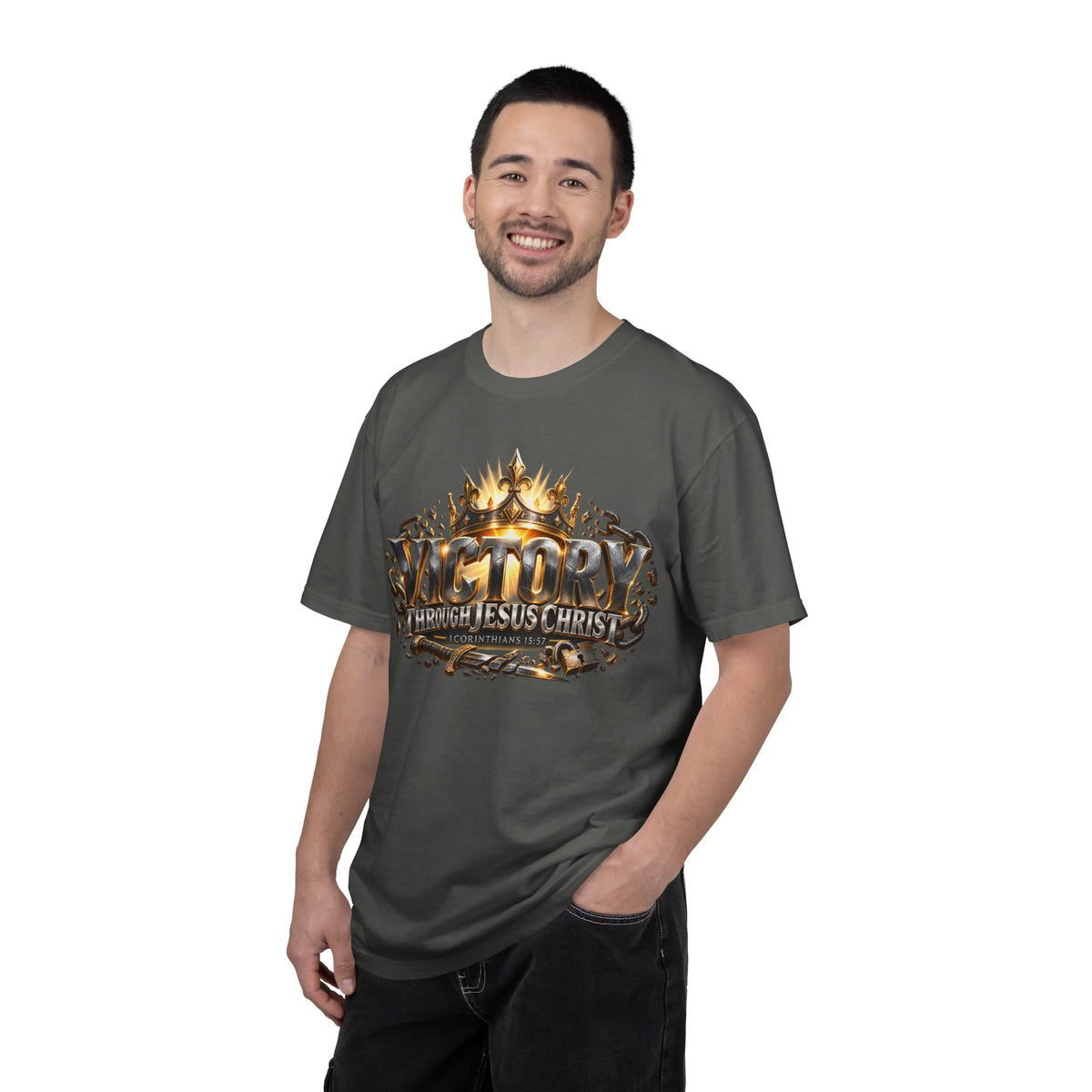 T-shirt featuring “Victory Through Jesus Christ”, crown imagery and  and distressed lettering; hopeful spirit.