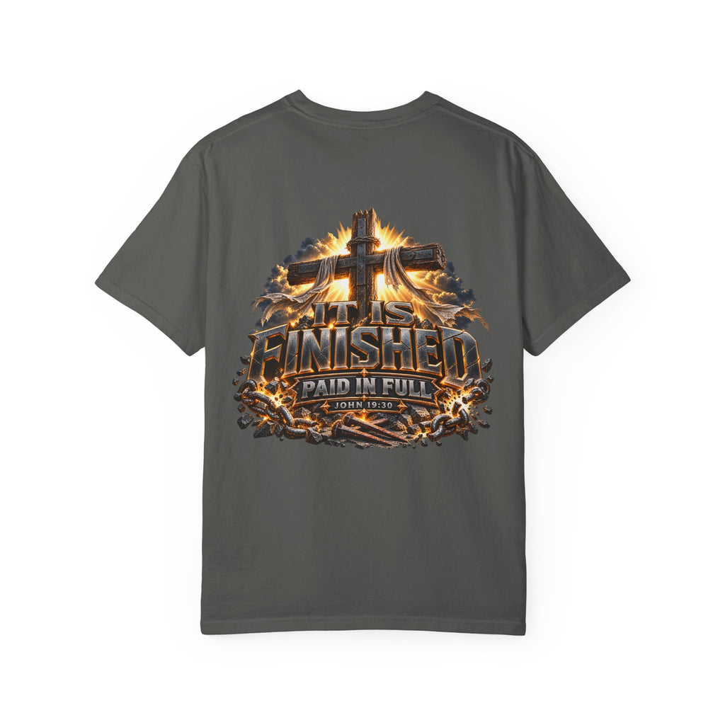 “It Is Finished Cross Flames” Christian T-shirt with cross imagery and ; expressive everyday style.