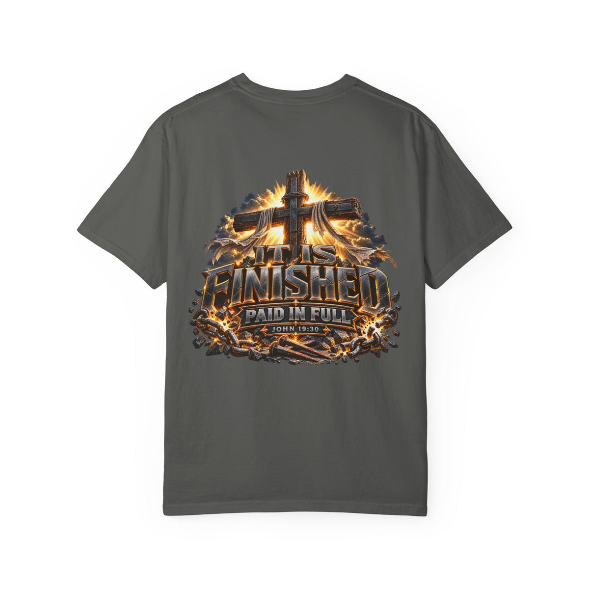 “It Is Finished Cross Flames” Christian T-shirt with cross imagery and ; expressive everyday style.
