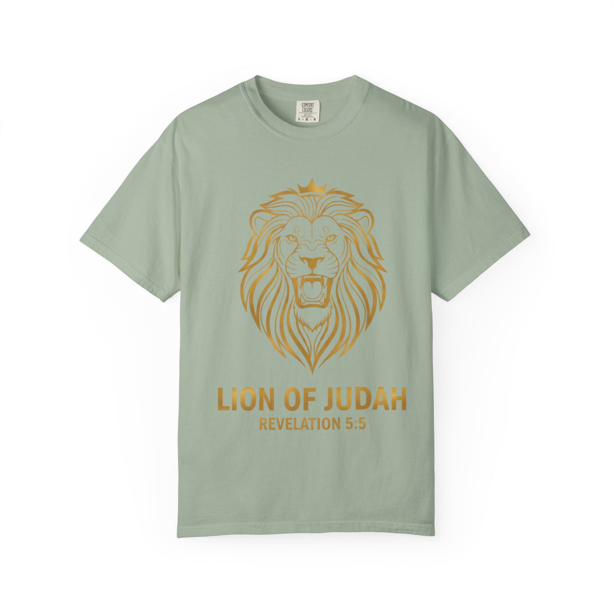 Bay T-shirt featuring “Lion of Judah T‑Shirt”, lion artwork and crown imagery and vintage lettering; steadfast faith.