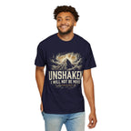 T-shirt featuring “Unshaken Mountain Illustration”, mountain imagery and fire detail and vintage lettering; enduring hope.