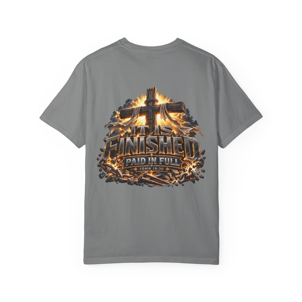 “It Is Finished Cross Flames” Christian T-shirt with cross imagery and ; bold faith-led style.