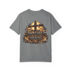 “It Is Finished Cross Flames” Christian T-shirt with cross imagery and ; bold faith-led style.