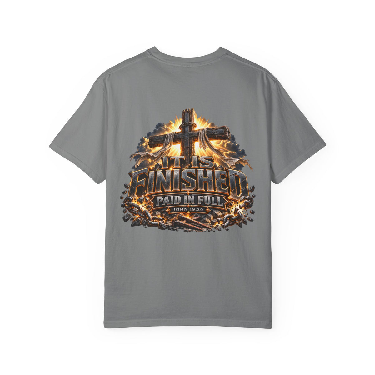 “It Is Finished Cross Flames” Christian T-shirt with cross imagery and ; bold faith-led style.