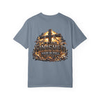 “It Is Finished Cross Flames” Christian T-shirt with cross imagery and ; modern statement style.