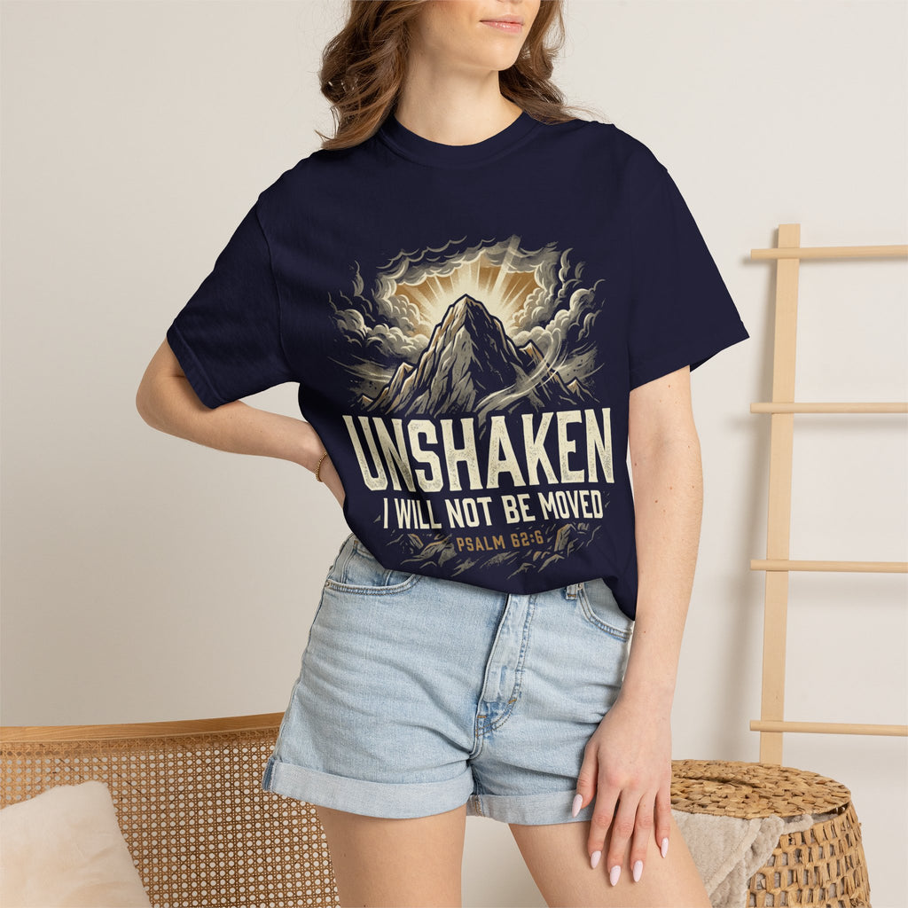 T-shirt featuring “Unshaken Mountain Illustration”, mountain imagery and fire detail and vintage lettering; joyful confidence.