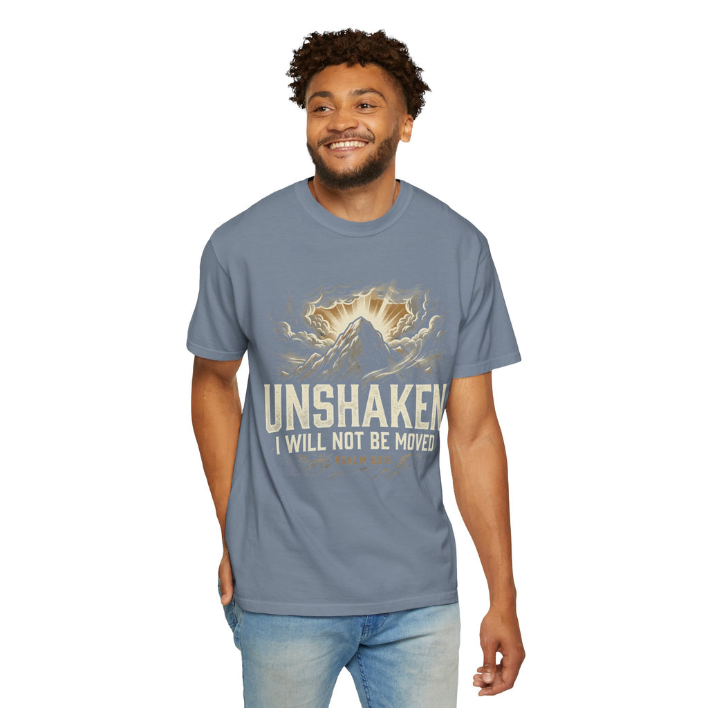 “Unshaken Mountain Illustration” Christian T-shirt with mountain imagery and fire detail; adventurous casual style.