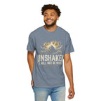 “Unshaken Mountain Illustration” Christian T-shirt with mountain imagery and fire detail; adventurous casual style.
