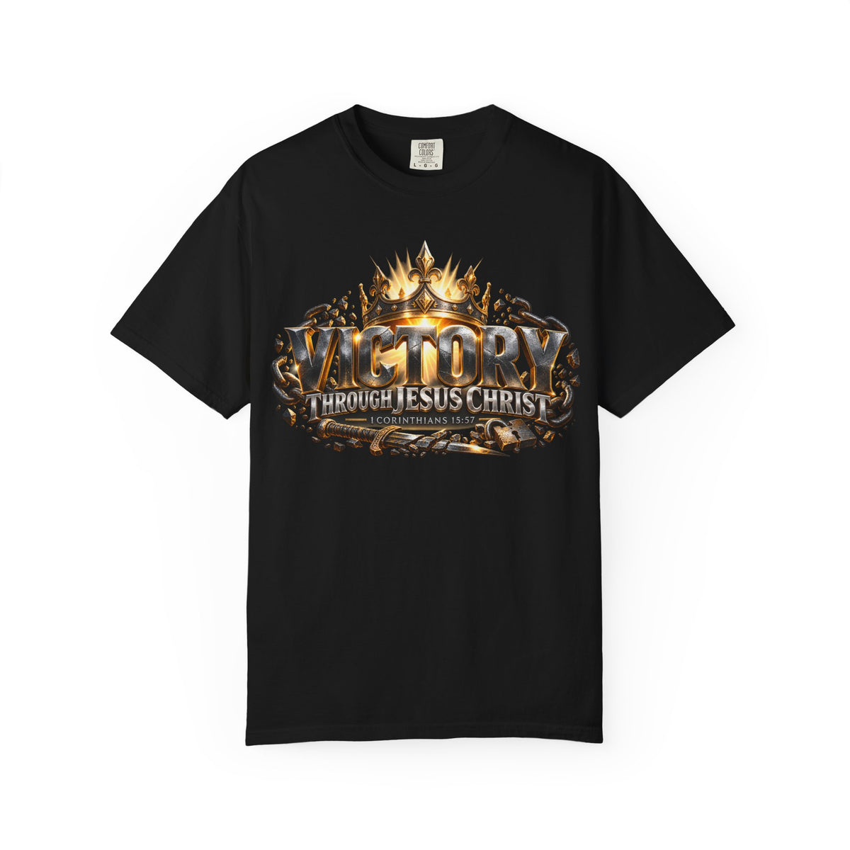 Black Kingdom Stuff T-shirt with “Victory Through Jesus Christ”; grounded confidence and purposeful casual style.