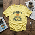 “Protect Your Peace” artwork featuring mountain imagery and fire detail and vintage lettering; bold conviction.