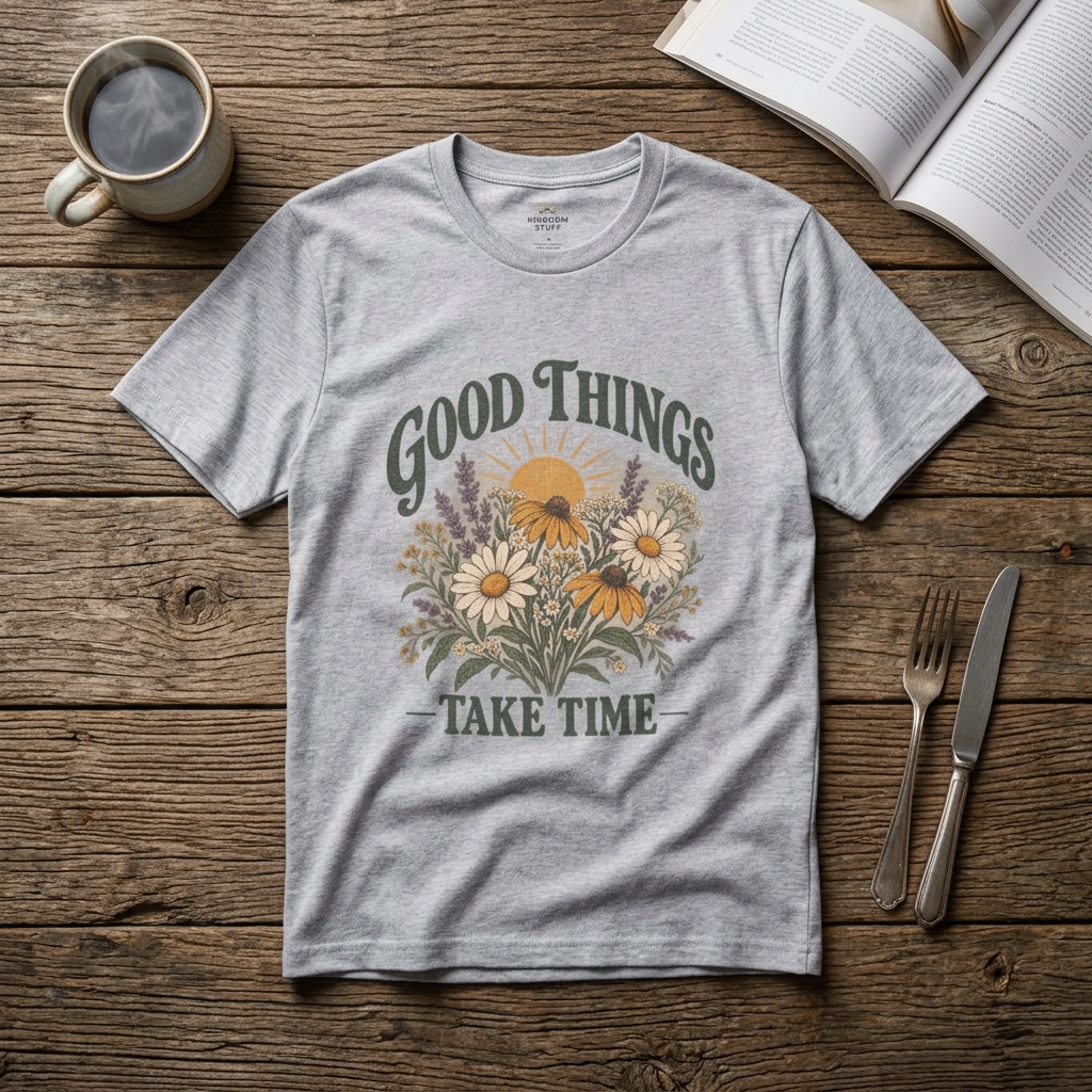 “Good Things Take Time floral illustration” artwork featuring  and vintage lettering; bold conviction.
