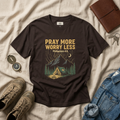 “Pray More Worry Less” artwork featuring fire detail and vintage lettering; bold conviction.