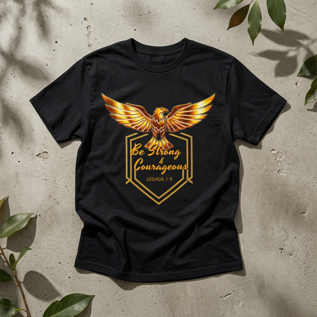Kingdom Stuff “Be Strong & Courageous Eagle T‑Shirt” design with cross imagery and eagle artwork; everyday faith style.