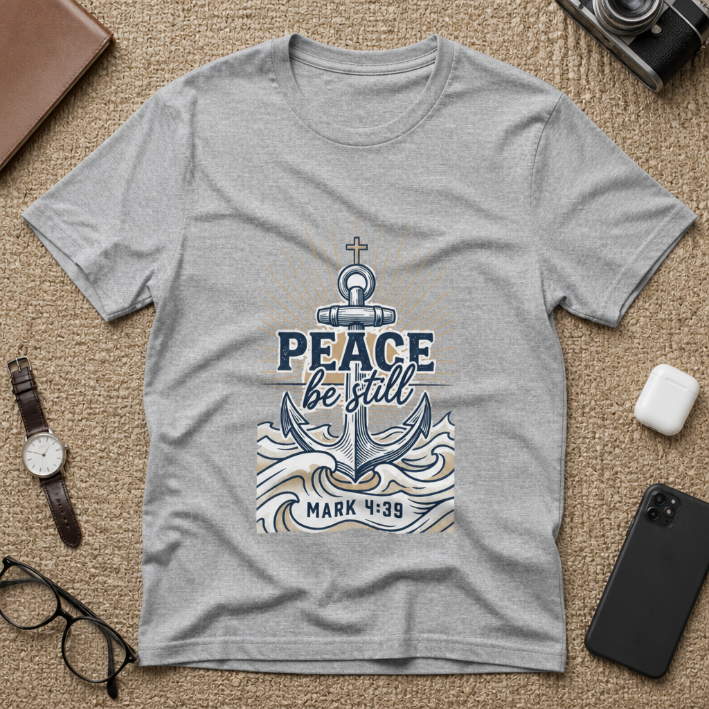 “Peace Be Still Anchor T‑Shirt” artwork featuring anchor motif and vintage lettering; bold conviction.
