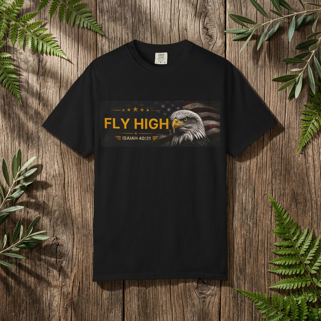 “Fly High” artwork featuring eagle artwork and bold lettering; bold conviction.