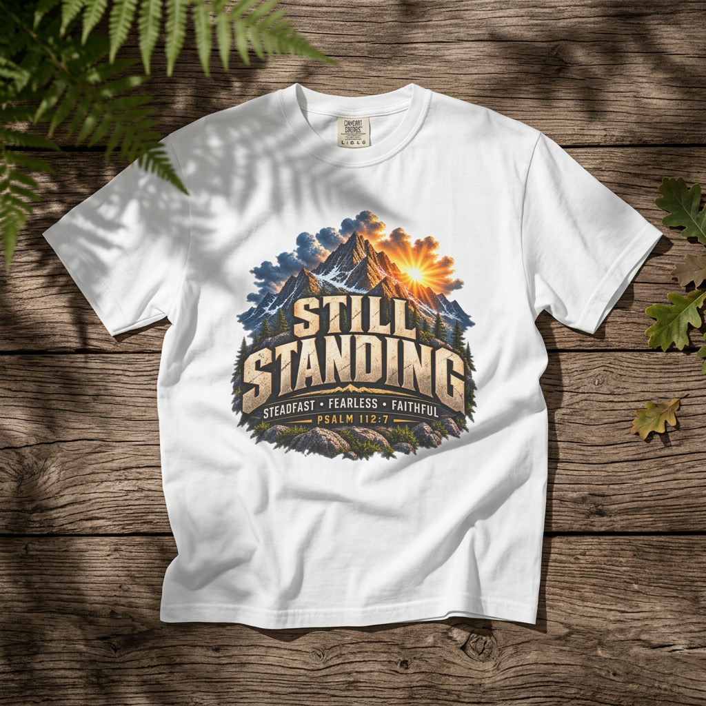 Still Standing T-Shirt — Faith-Based Mountain Graphic (Psalm 112:7)