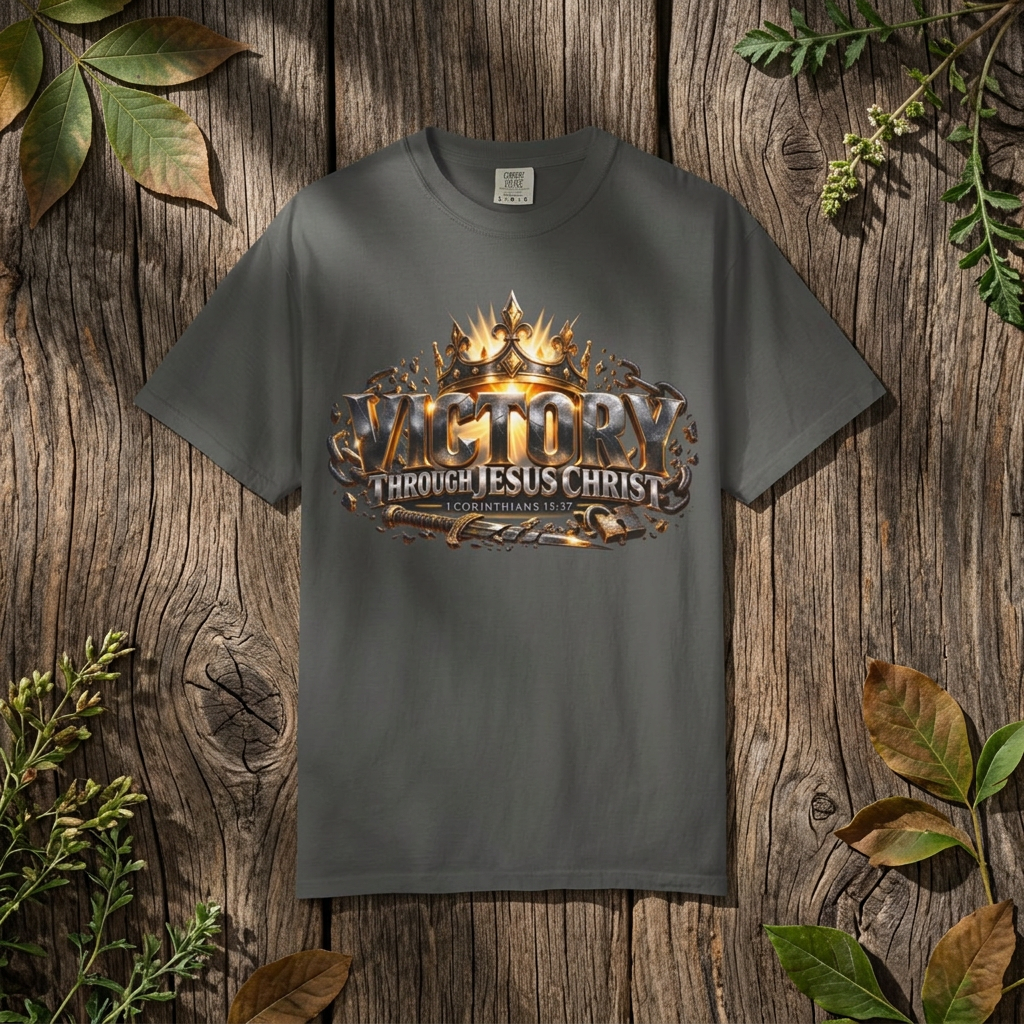 “Victory Through Jesus Christ” artwork featuring crown imagery and  and distressed lettering; bold conviction.