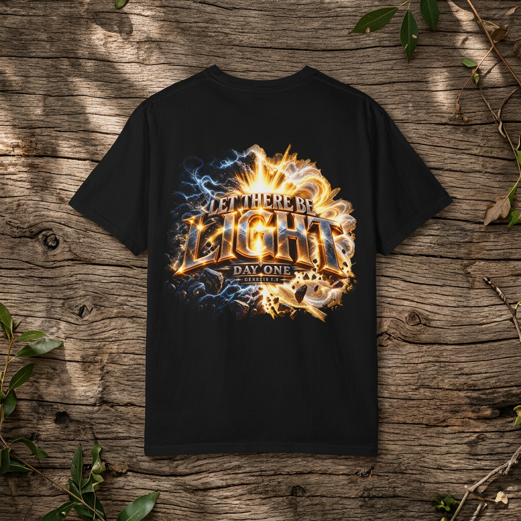“Let There Be Light graphigraphic", Genesis scripture and bold lettering, front and back design Genesis scripture and bold lettering; bold conviction.