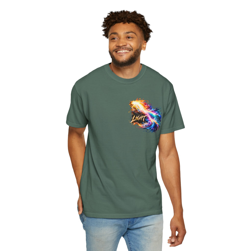 “Rainbow Flame Feather 'Be the Light'” Christian T-shirt with cross imagery and ; quietly assured style.