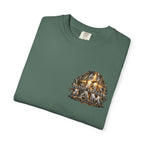 T-shirt featuring “Before Abraham I Am”,  and forged-style lettering; peaceful assurance.