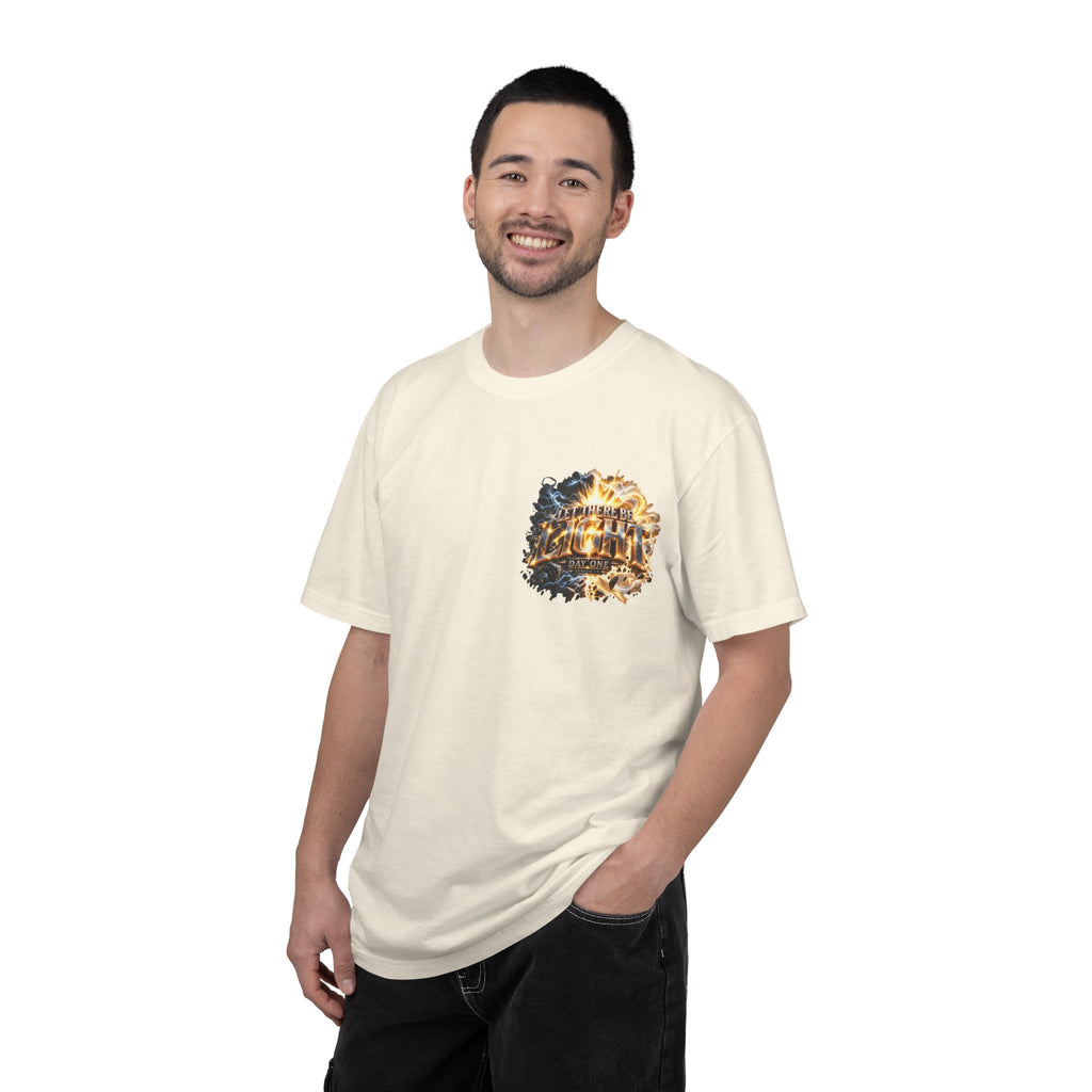 T-shirt featuring "Let There Be Light" — Genesis scripture and bold lettering, front and back design — Kingdom Stuff NZ; uplifting confidence


