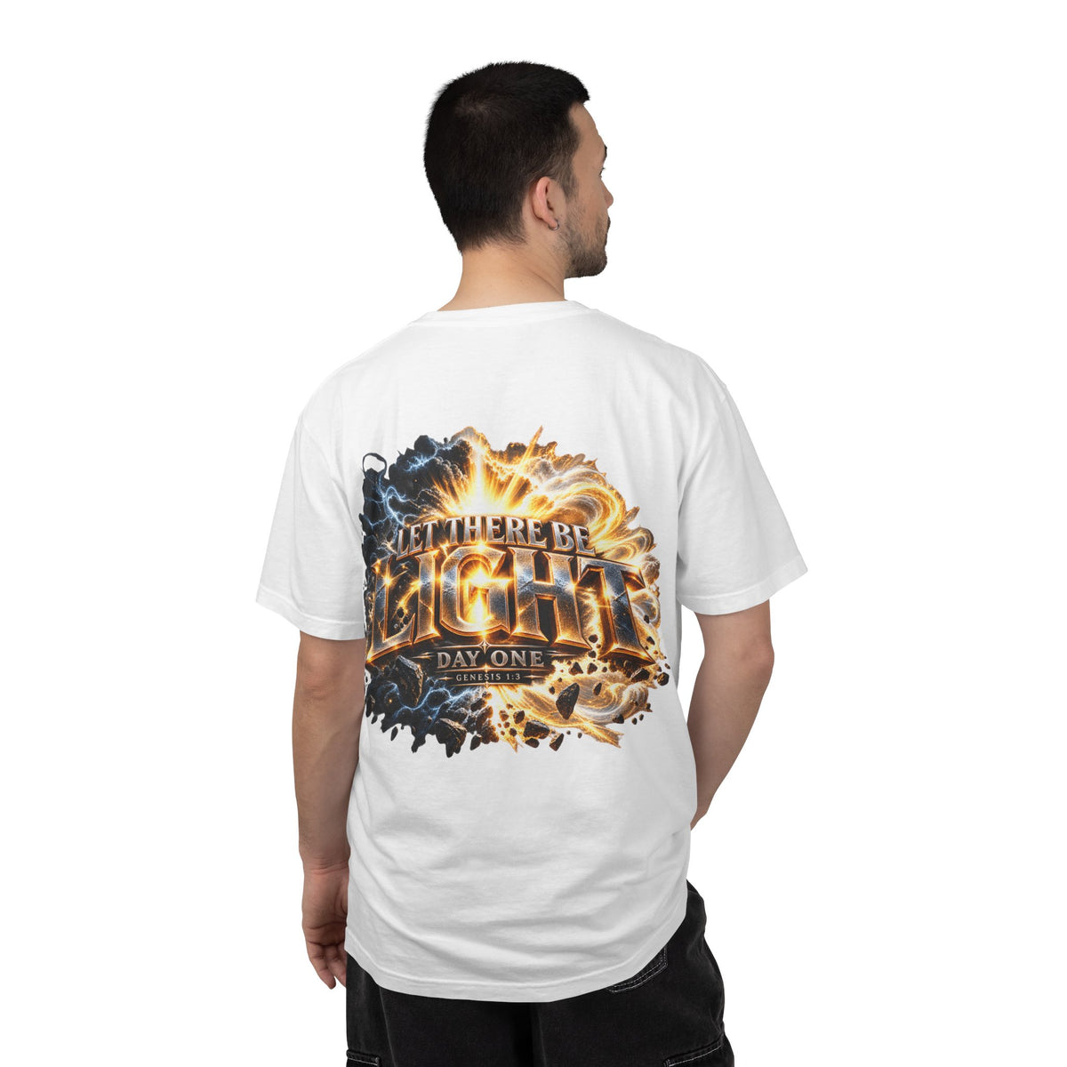 T-shirt featuring “Let There Be Light graphigraphic", Genesis scripture and bold lettering, front and back design Genesis scripture and bold lettering; purposeful character.