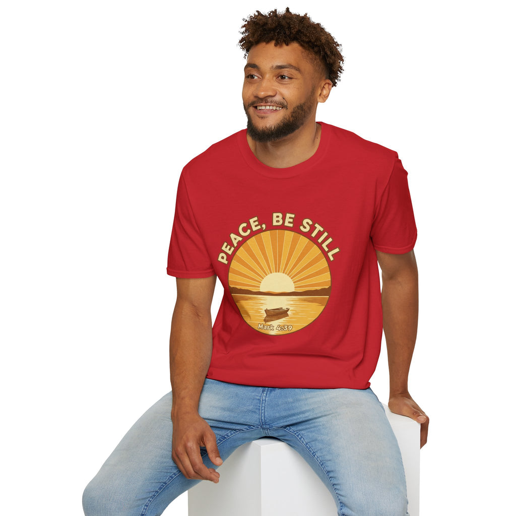 T-shirt featuring “Peace, Be Still”, sunrise detail and coffee detail and vintage lettering; positive energy.