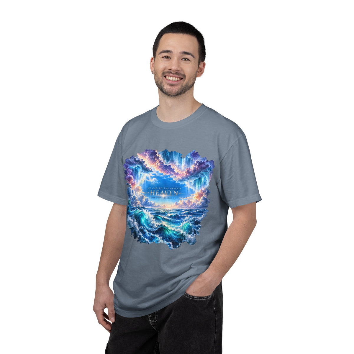 T-shirt featuring “Heavenly Ocean Waves”, cross imagery and bold lettering; hopeful spirit.