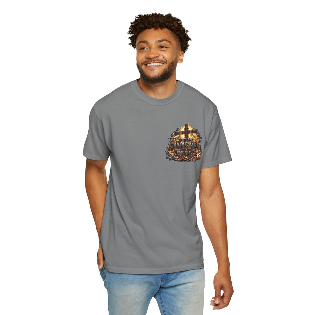 T-shirt featuring “It Is Finished Cross Flames”, cross imagery and  and forged-style lettering; resilient faith.