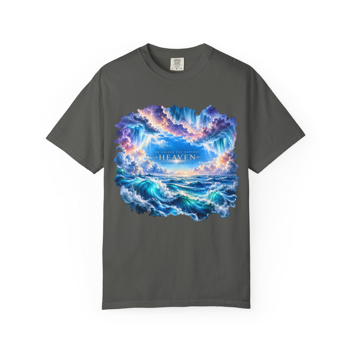 T-shirt featuring “Heavenly Ocean Waves”, cross imagery and bold lettering; steadfast faith.