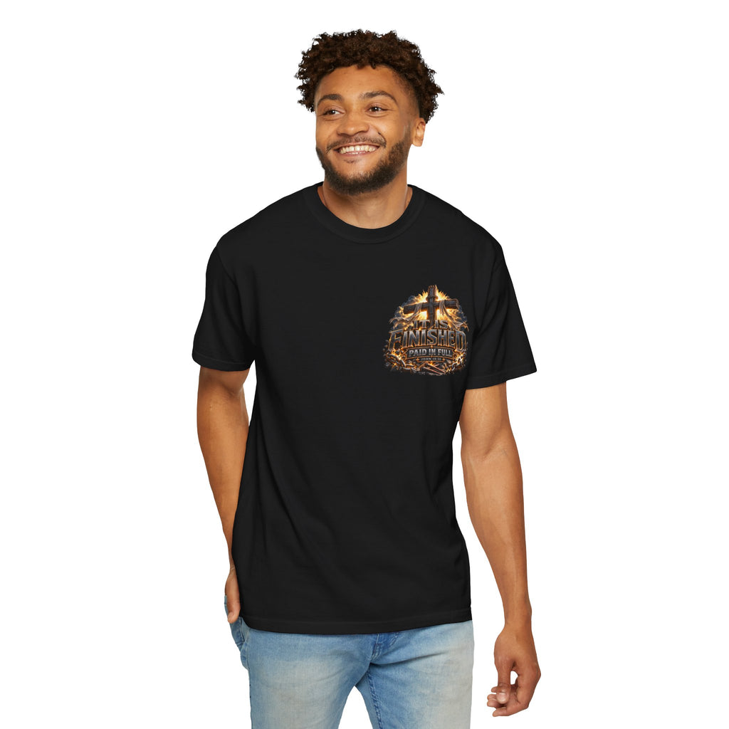 “It Is Finished Cross Flames” Christian T-shirt in Black, featuring cross imagery and ; meaningful everyday style.