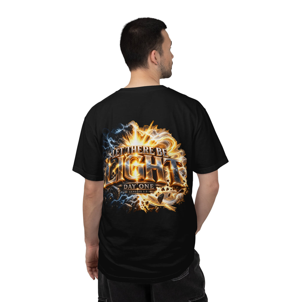 T-shirt featuring “Let There Be Light graphigraphic", Genesis scripture and bold lettering, front and back design Genesis scripture and bold lettering; enduring hope.