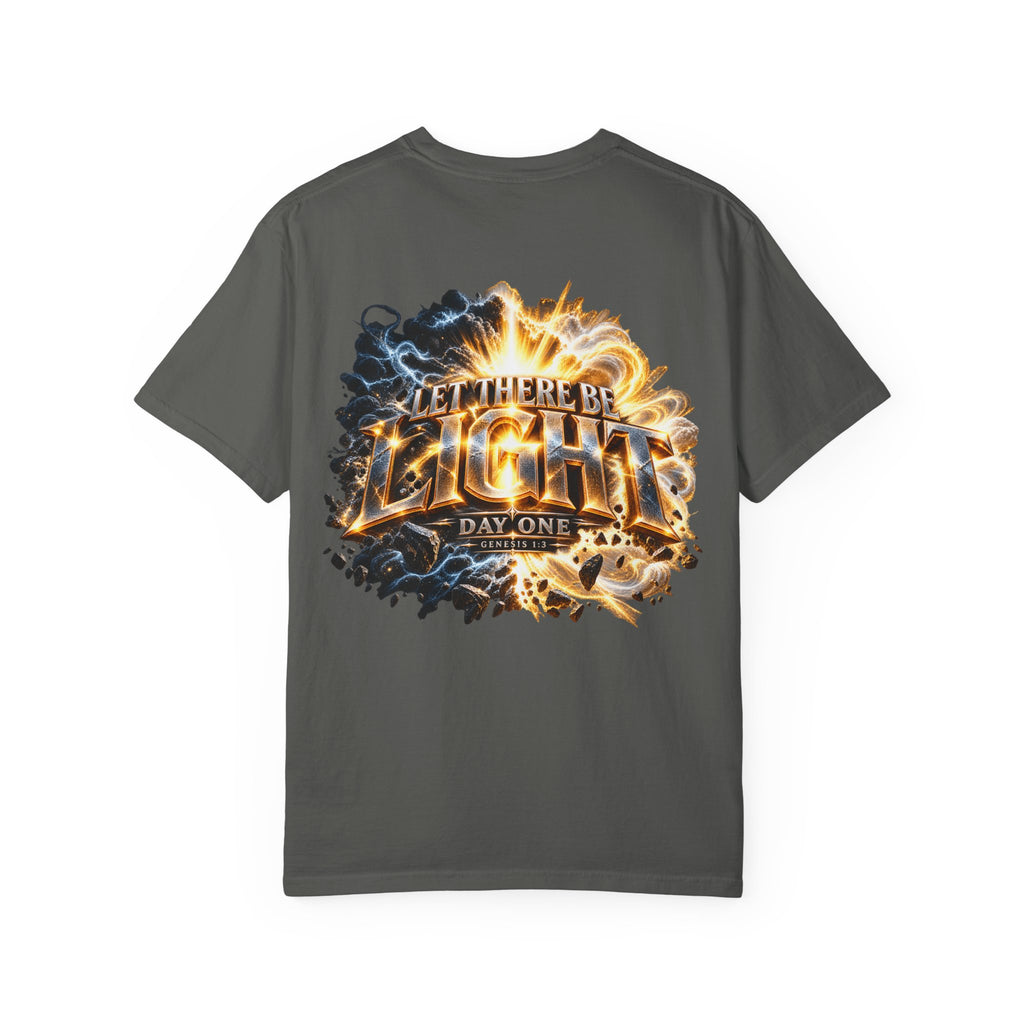 T-shirt featuring "Let There Be Light" — Genesis scripture and bold lettering, front and back design — Kingdom Stuff NZ; peaceful assurance

