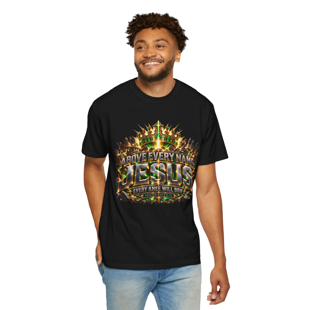 T-shirt featuring “Above Every Name Jesus graphic”, crown imagery and  and forged-style lettering; positive energy.
