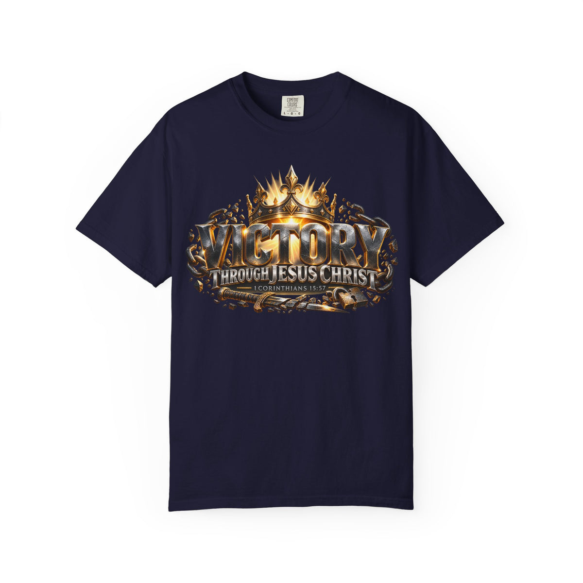 T-shirt featuring “Victory Through Jesus Christ”, crown imagery and  and distressed lettering; courageous energy.