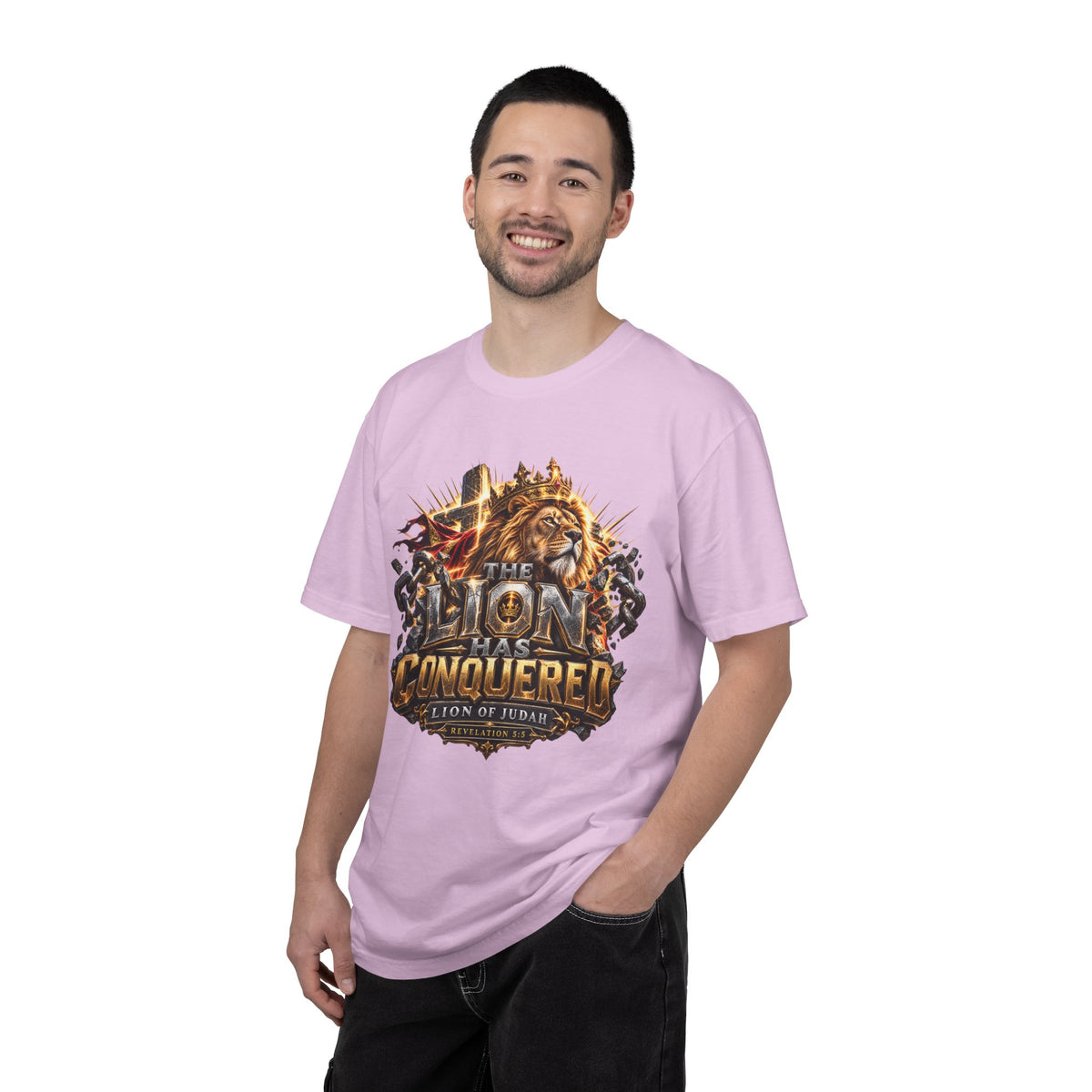 “Lion of Judah Conquered Graphic” Christian T-shirt with lion artwork and ; quietly assured style.