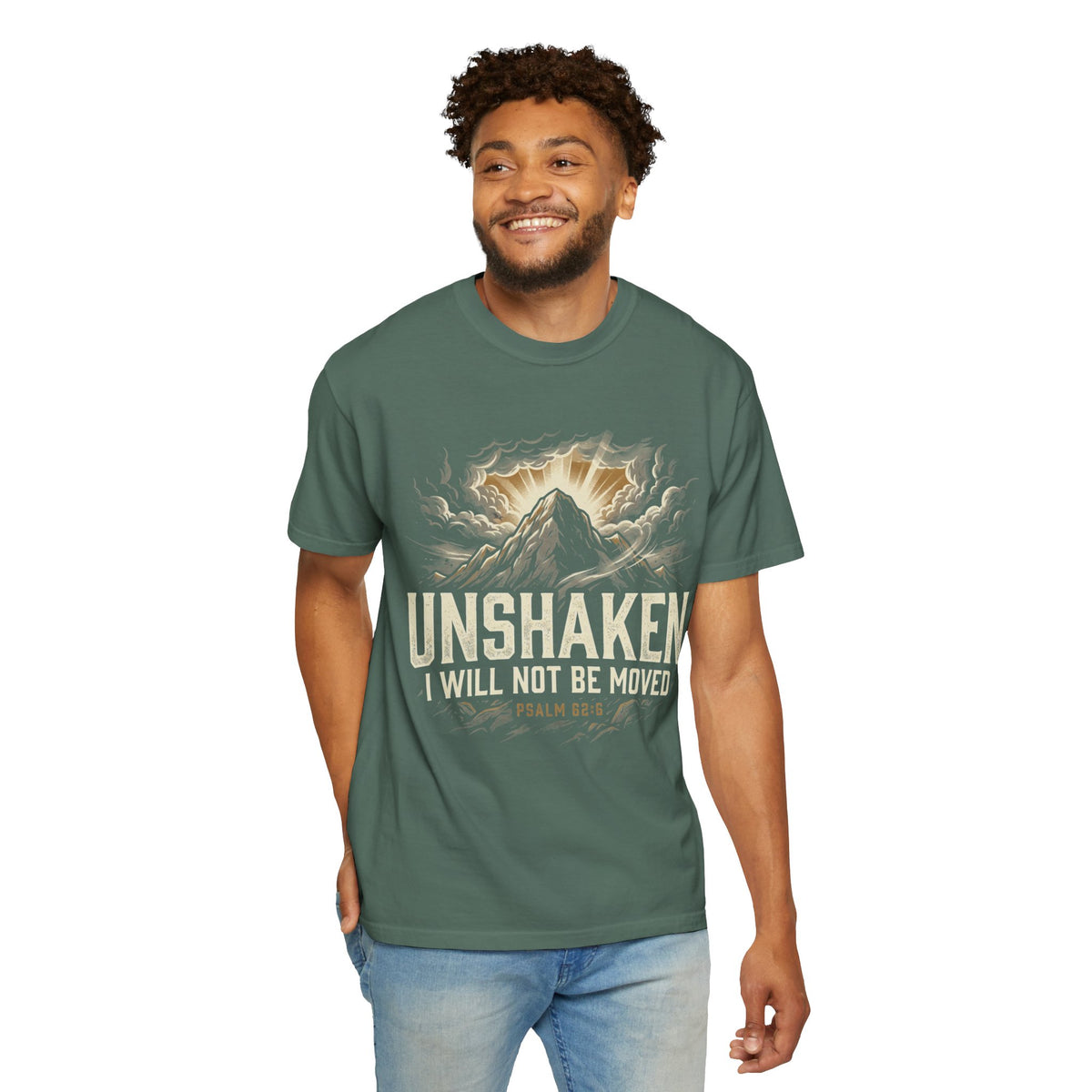 “Unshaken Mountain Illustration” Christian T-shirt with mountain imagery and fire detail; calm grounded style.
